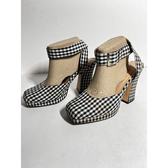 Zara EUC Black Gingham Ankle Wrap Strap 4" Heel Square Toe Shoe Size 38 7.5 US - Picture 3 of 5